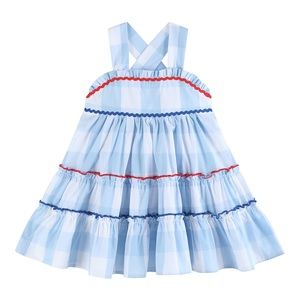 Lil Cactus Boutique Gingham Ruffle Dress Cotton 2T Blue White Criss Cross Straps
